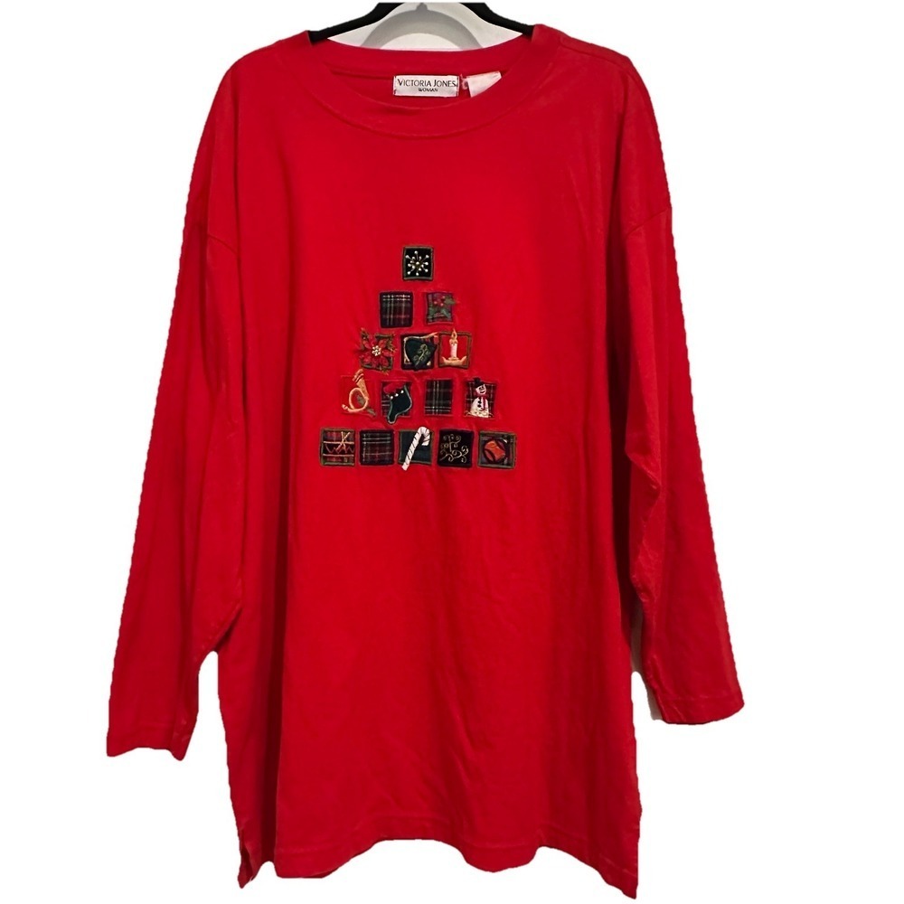 VICTORIA JONES Women Cotton Embroidered Christmas Top Plus Size 3X Festive Retro
